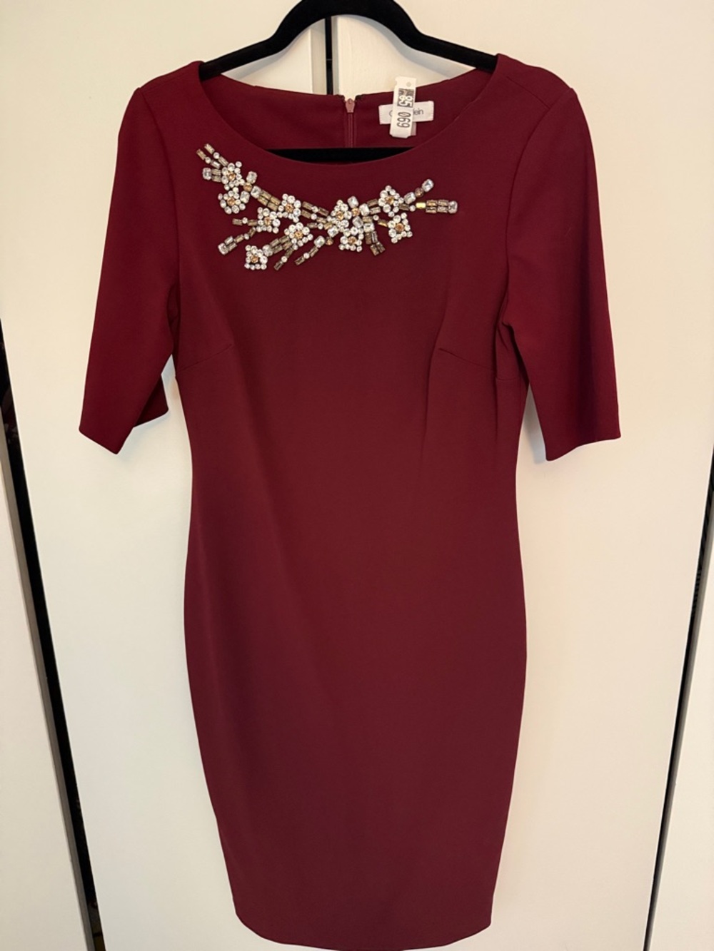 Calvin Klein Burgundy Midi Sheath Dress with Crystal Embellishment